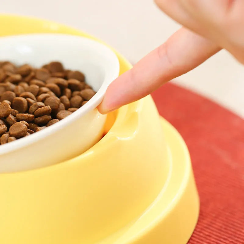 Grey and yellow PP material pet dual bowl feeder with ceramic food bowl and automatic water