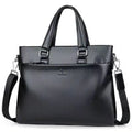 Black PU leather men's messenger bag with crossbody strap and splicing detail.