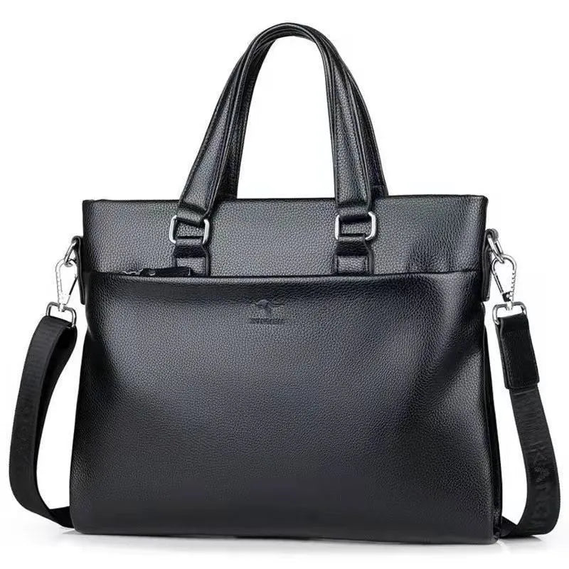 Black PU leather men's messenger bag with crossbody strap and splicing detail.