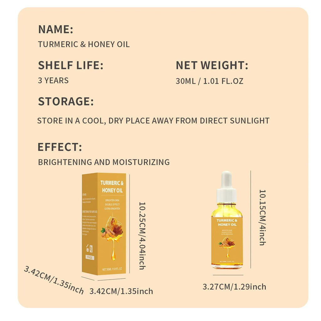 30ml glass bottle of turmeric honey essential oil with a dropper on a wooden surface.