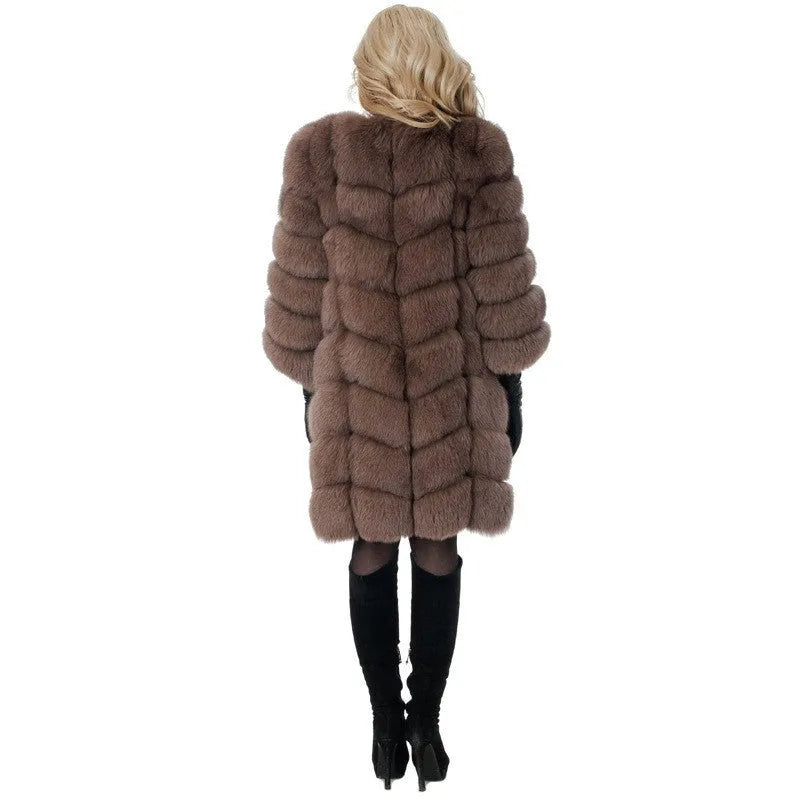 Women's thick warm artificial fur coat in multiple colours with regular sleeves and 80cm length