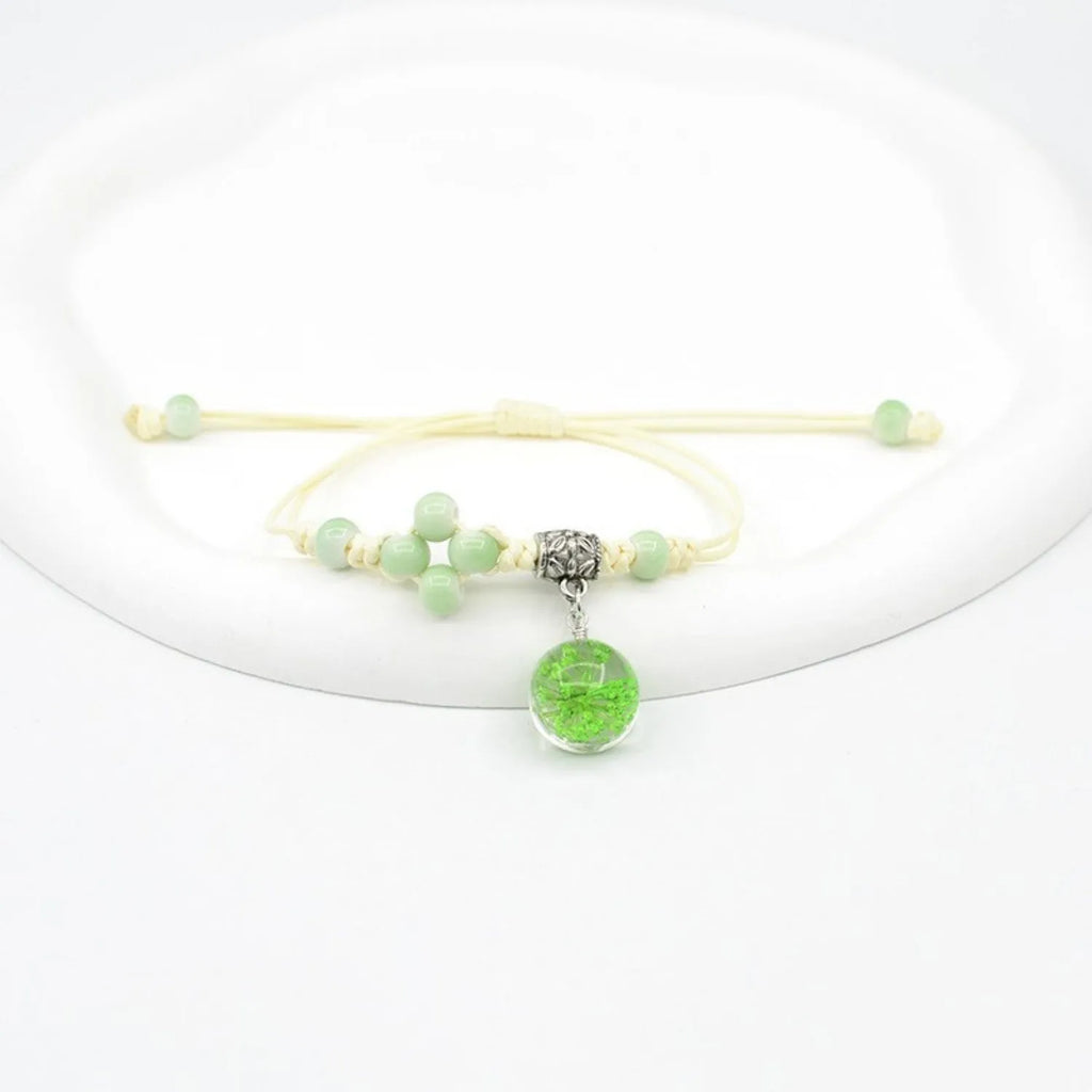 Glass dried flower bracelet with large 1.4cm beads containing real preserved flowers in multiple colour options