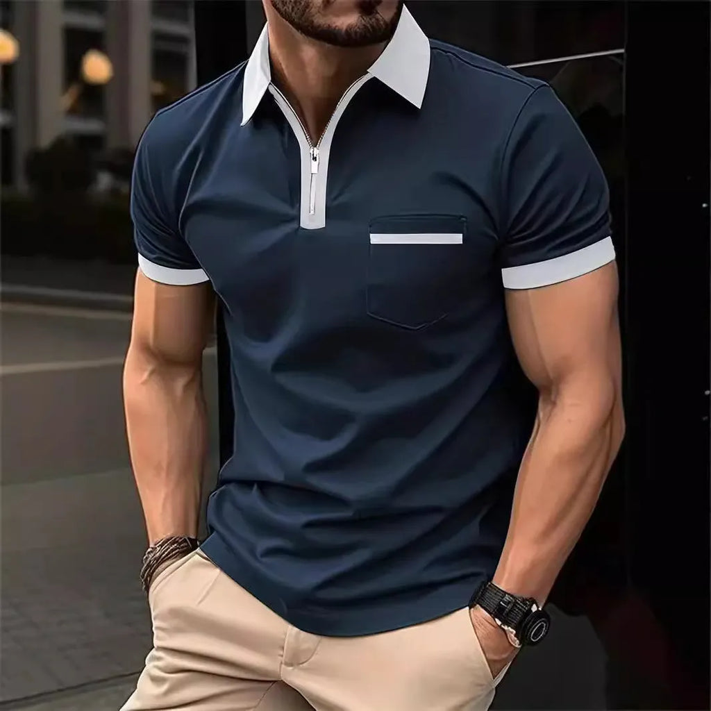 Men's loose-fit casual short-sleeved shirt with a chest pocket and decorative zip detail on the front.