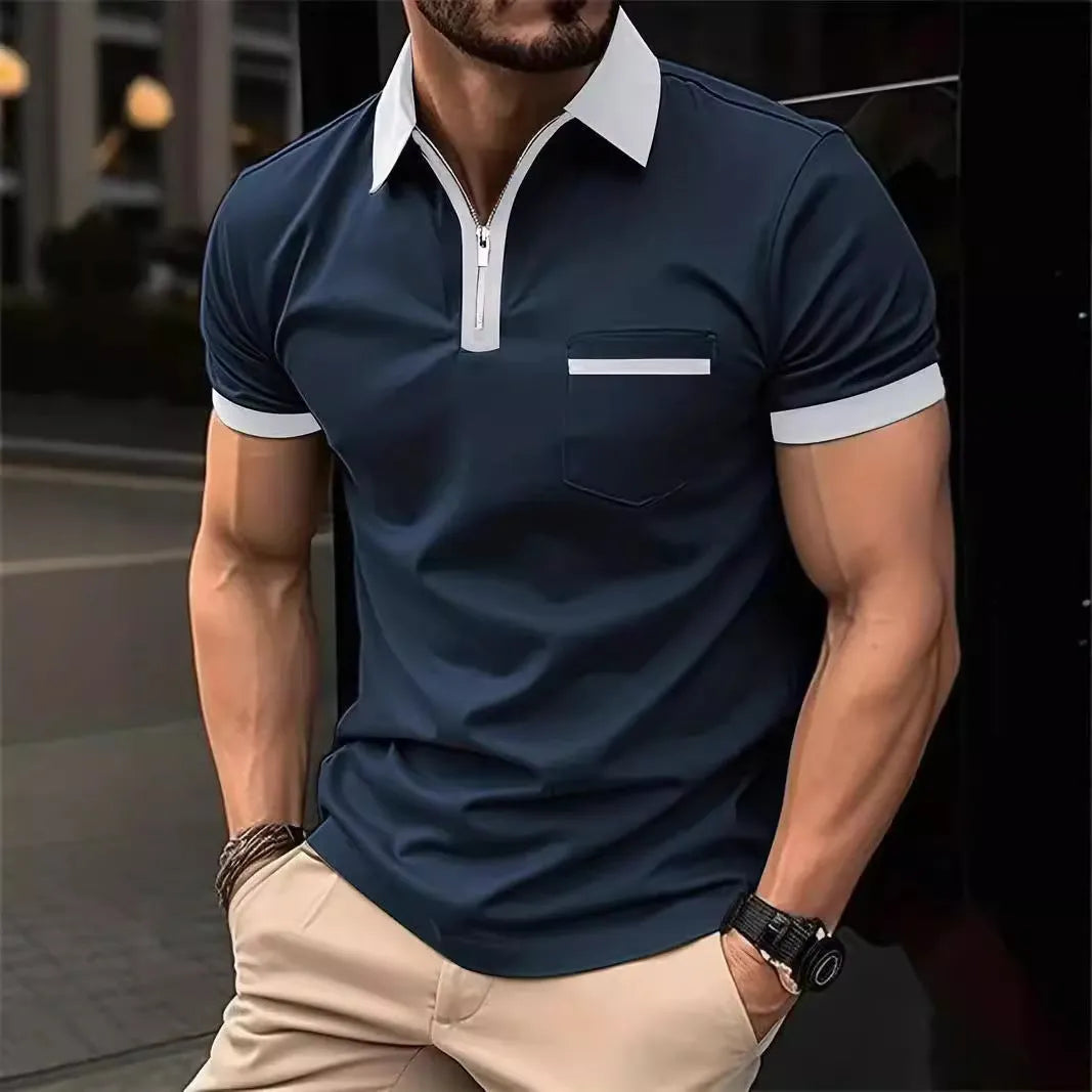 Men's loose-fit casual short-sleeved shirt with a chest pocket and decorative zip detail on the front.