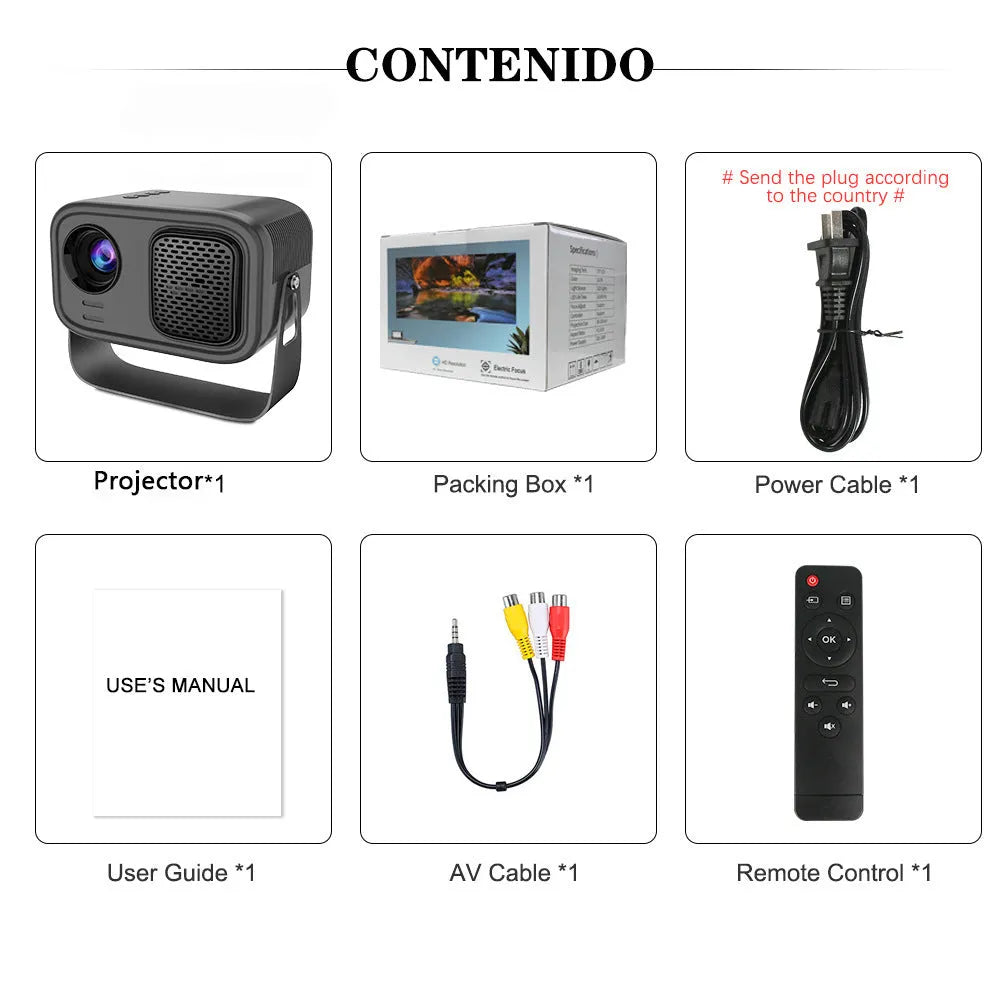 Black portable smart projector with remote control showing HD 1280x720 resolution and Android compatibility
