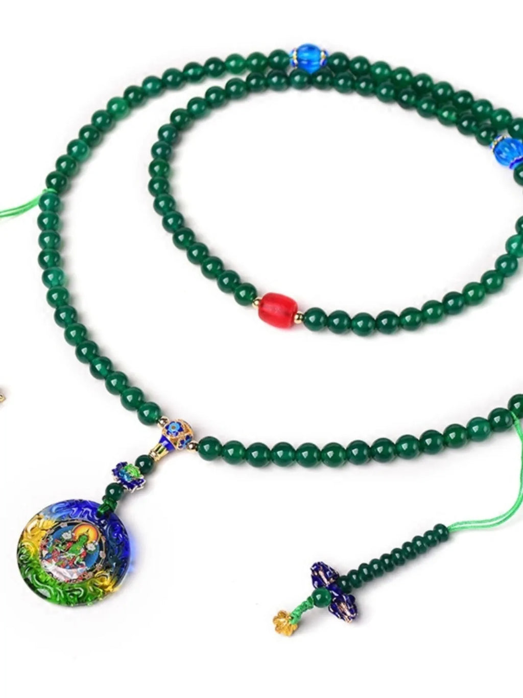 Handmade natural green agate bracelet with 108 beads and pendant, showing Thangka and Buddha bead style options.