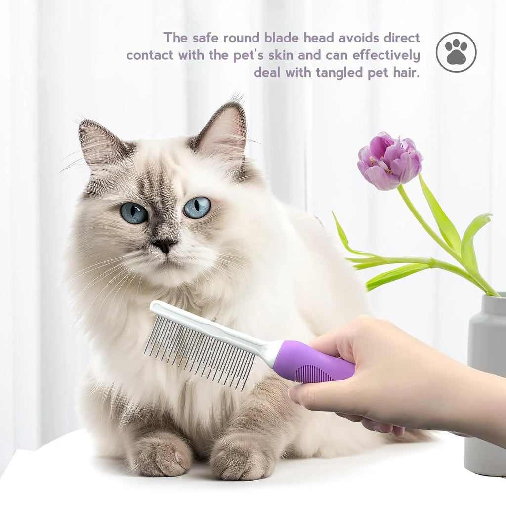 Purple pet detangling comb with stainless steel teeth for grooming cats and dogs