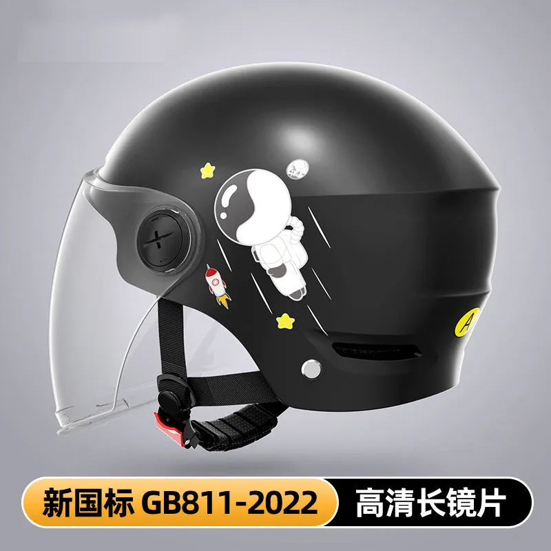 Khaki coloured electric motorcycle half helmet with ABS construction shown with different lens options