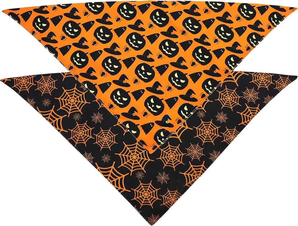 Reversible black and orange Halloween dog bandana with pumpkin and spider web patterns.