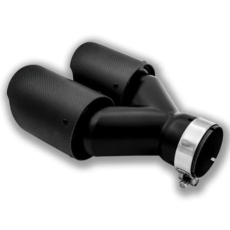 Black carbon fibre car exhaust pipe with twin outlet design measuring 250mm in length
