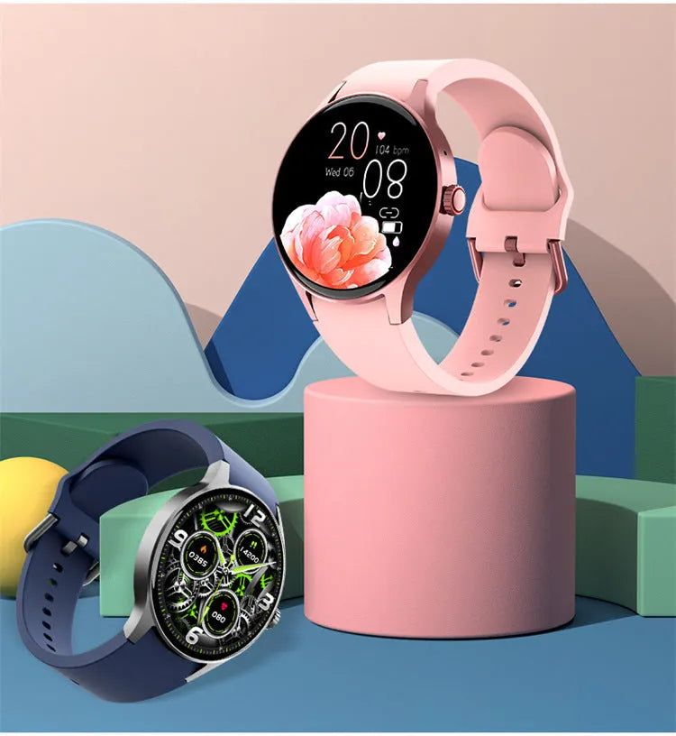 Round smartwatch with colour touchscreen display showing fitness data on wrist