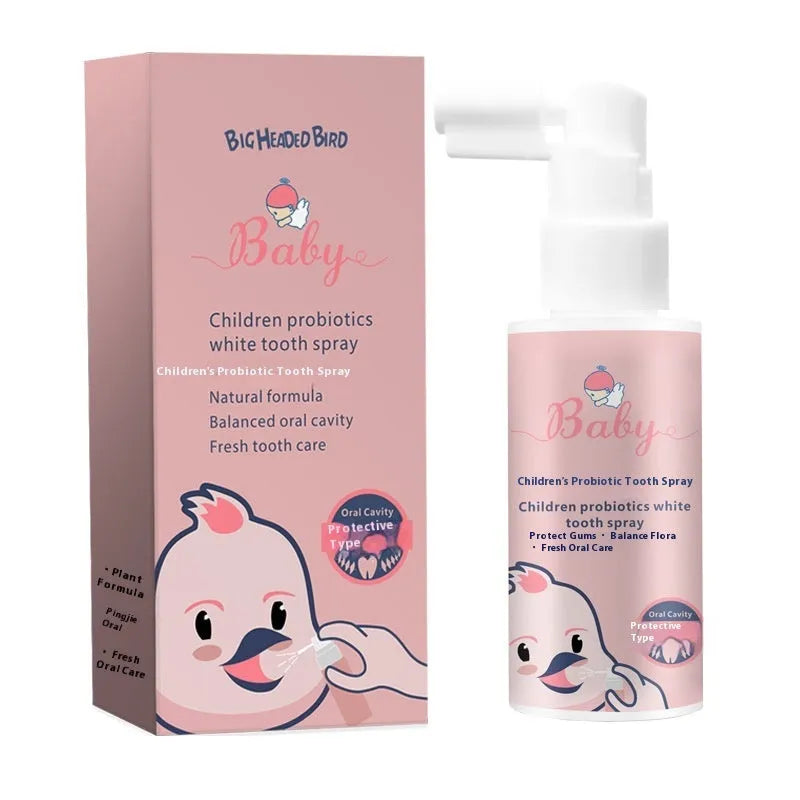 Children's probiotic white teeth cleaning spray in 40ml bottle with strawberry or orange flavour options