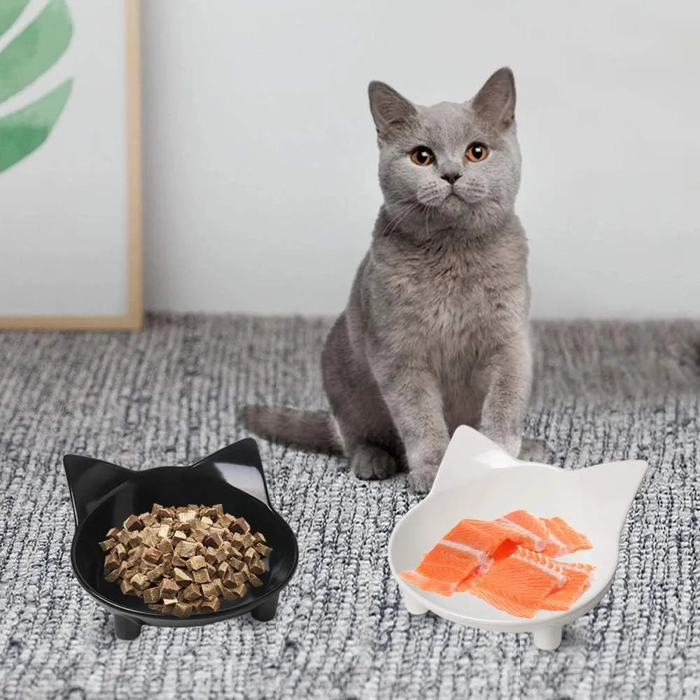 Shallow black melamine cat bowl with non-slip rubber base for whisker fatigue reduction