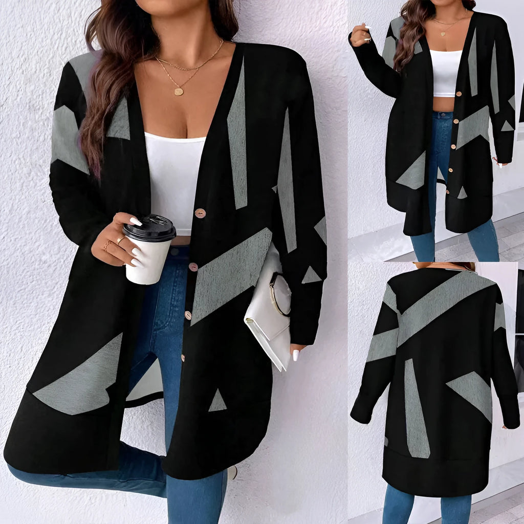 Black plus size knitwear coat with button stitching detail and regular sleeves