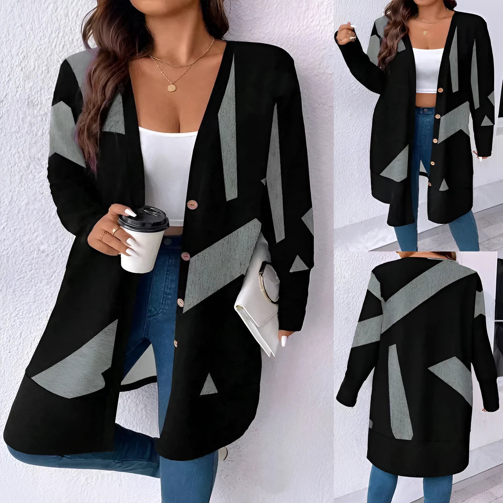 Black plus size knitwear coat with button stitching detail and regular sleeves