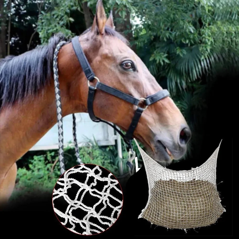 Woven PE rope feeding bag with grid design for horses and cattle in agricultural setting