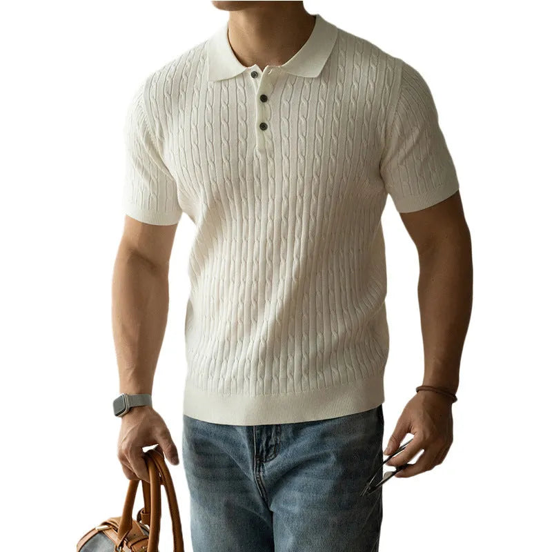 A man's khaki short-sleeve business commute top laid flat, showing its collar and sleeve detail.