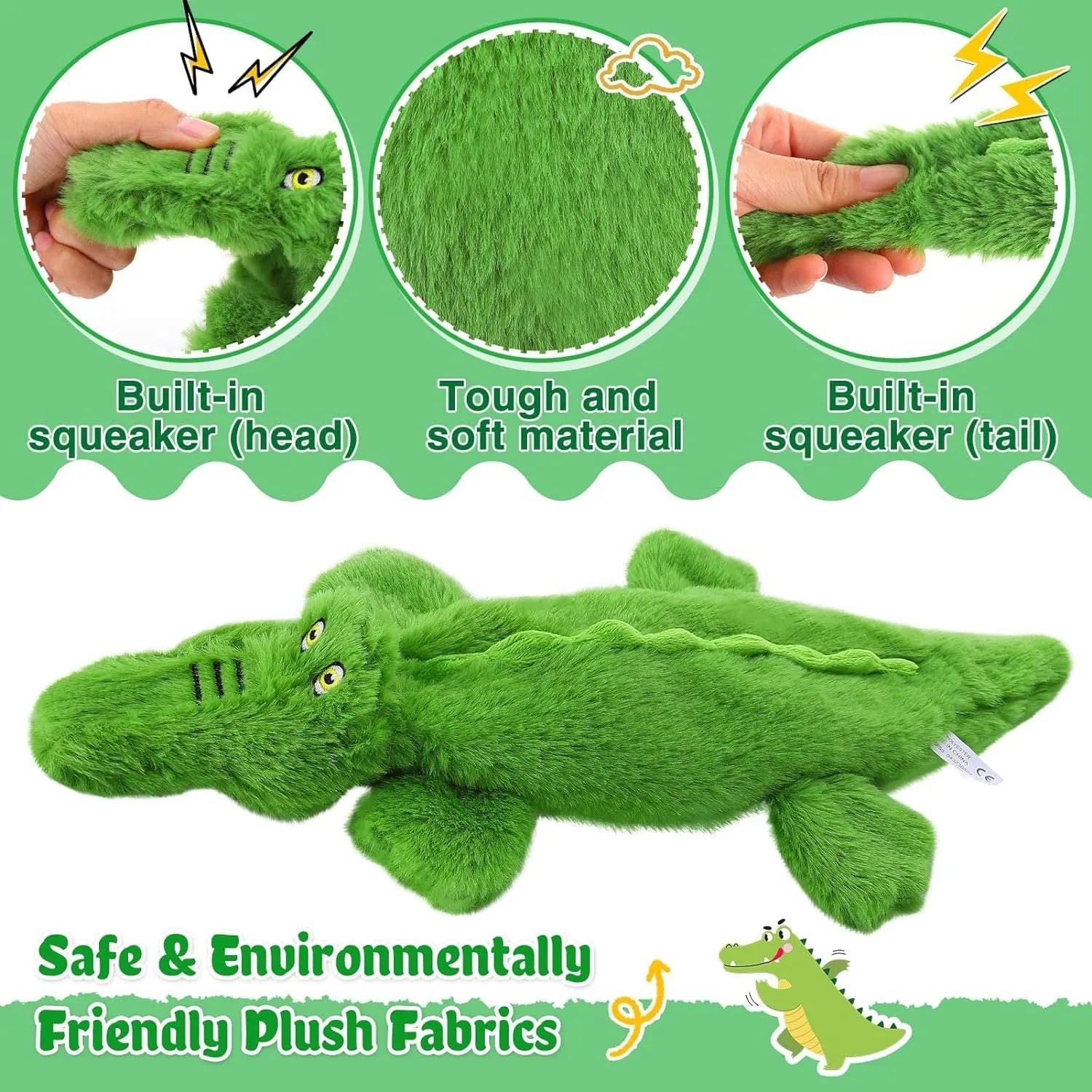 Green crocodile plush dog toy with no-stuffing design for aggressive chewers