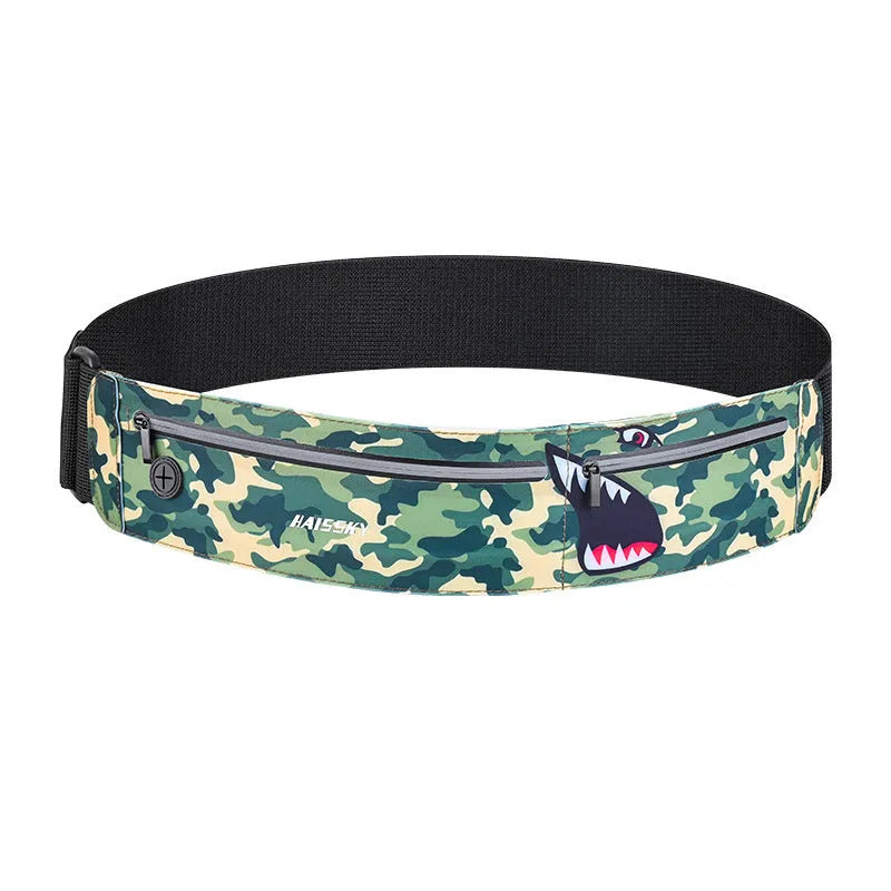 Unisex 8-inch waterproof waist bag in camouflage crocodile pattern, made from Chinlon Lycra.
