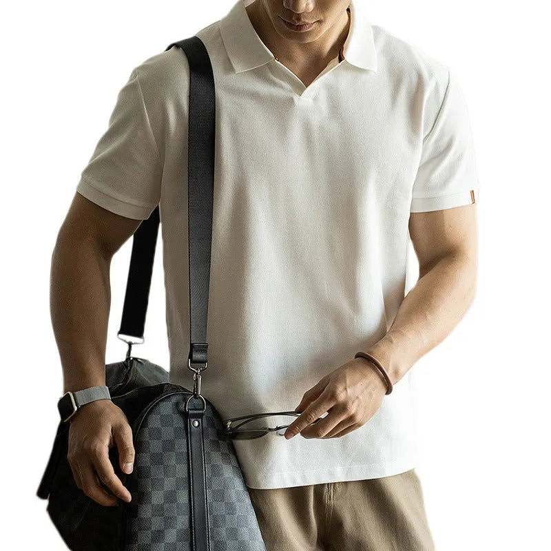 American-style men's short-sleeve polo shirt in blue cotton-polyester fabric
