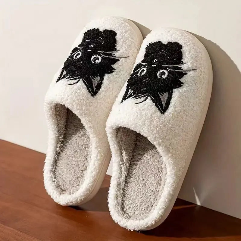 White plush couples slippers with black beard cat cartoon print and non-slip sole