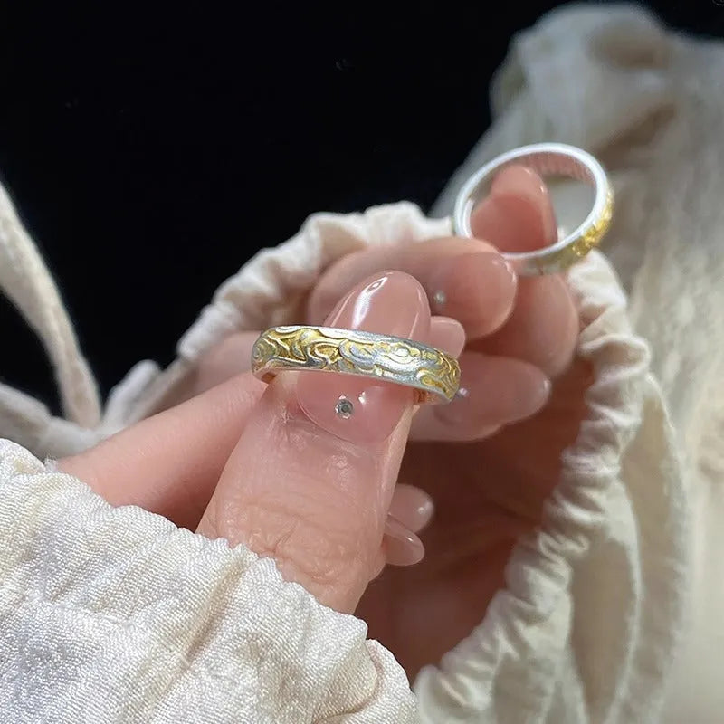 White copper open-mouth ring with geometric shape and Xiangyun pattern featuring electroplated silver gold finish