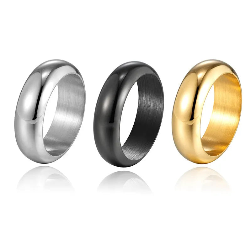 Glossy electroplated titanium steel ring shown in gold, black, and steel colours on size display