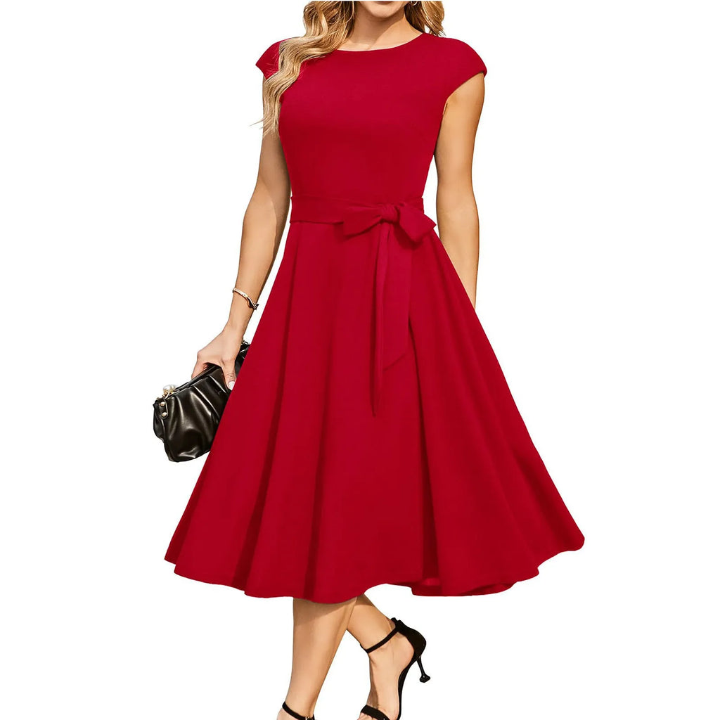 Sleeveless lace-up waist party dress with oversized swing skirt in black, rose red, blue, purple, or red
