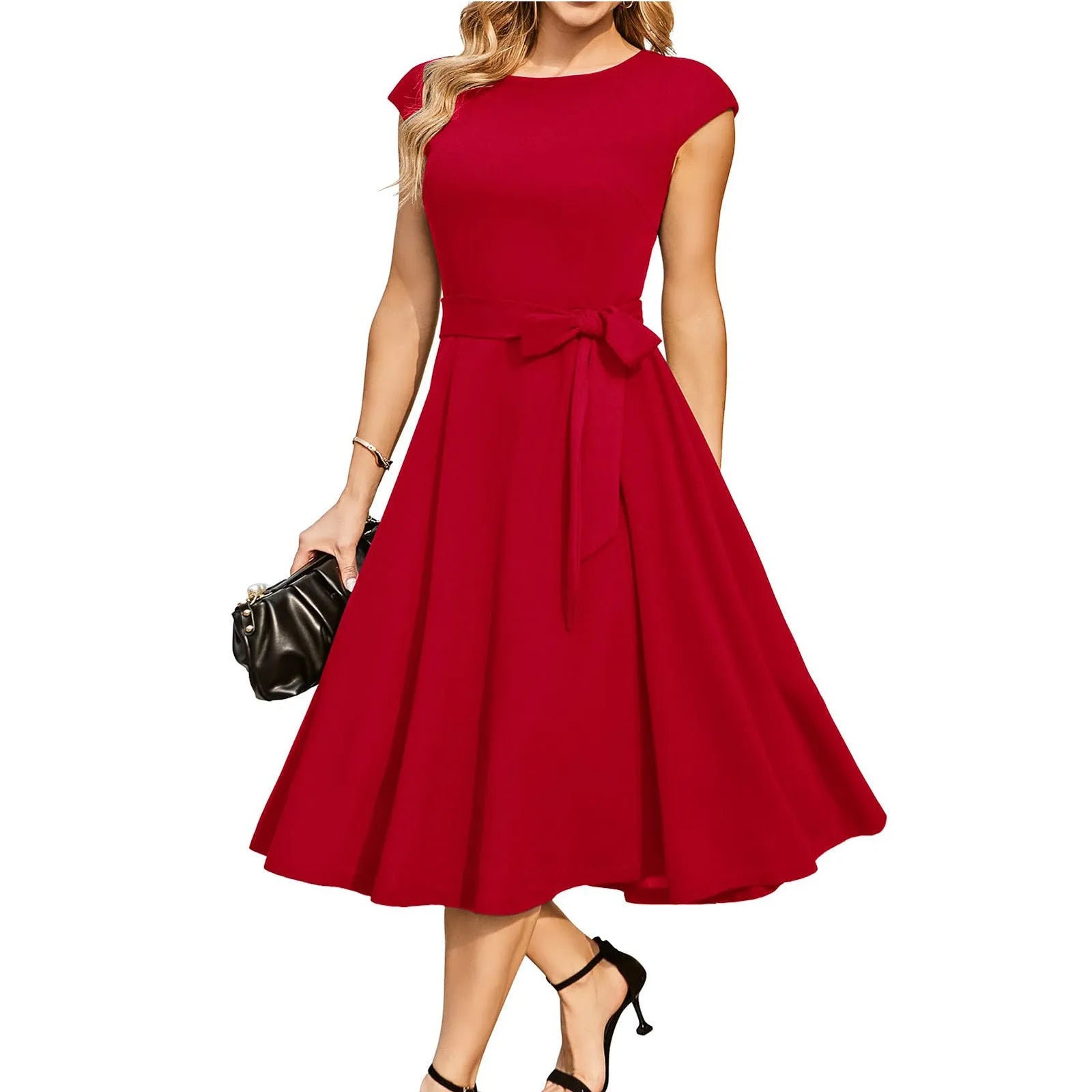 Sleeveless lace-up waist party dress with oversized swing skirt in black, rose red, blue, purple, or red