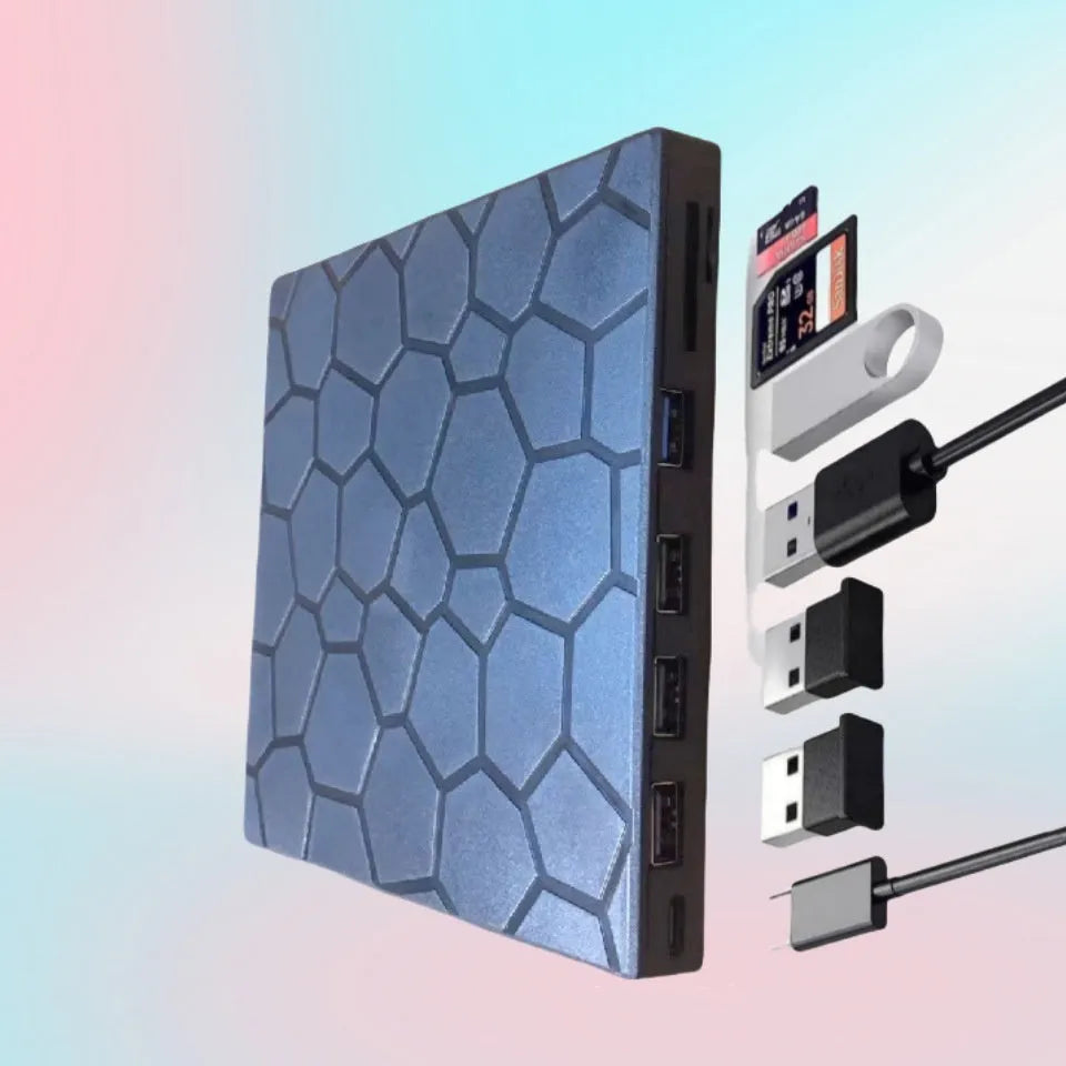 Black external USB CD DVD drive optical disc writer reader burner on a desk.