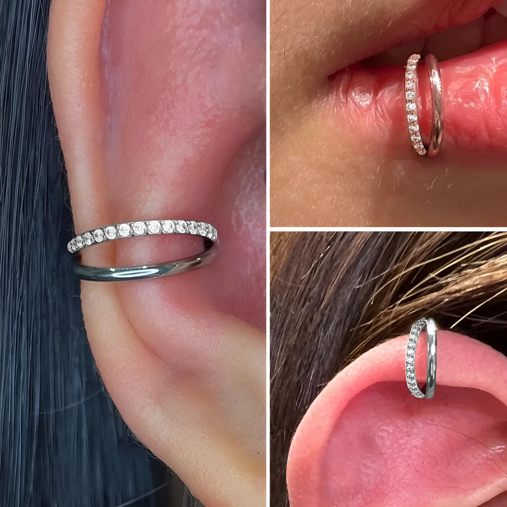 Titanium alloy nose ring body jewellery in silver, gold, black, rose gold and colourful finishes, shown in multiple sizes.