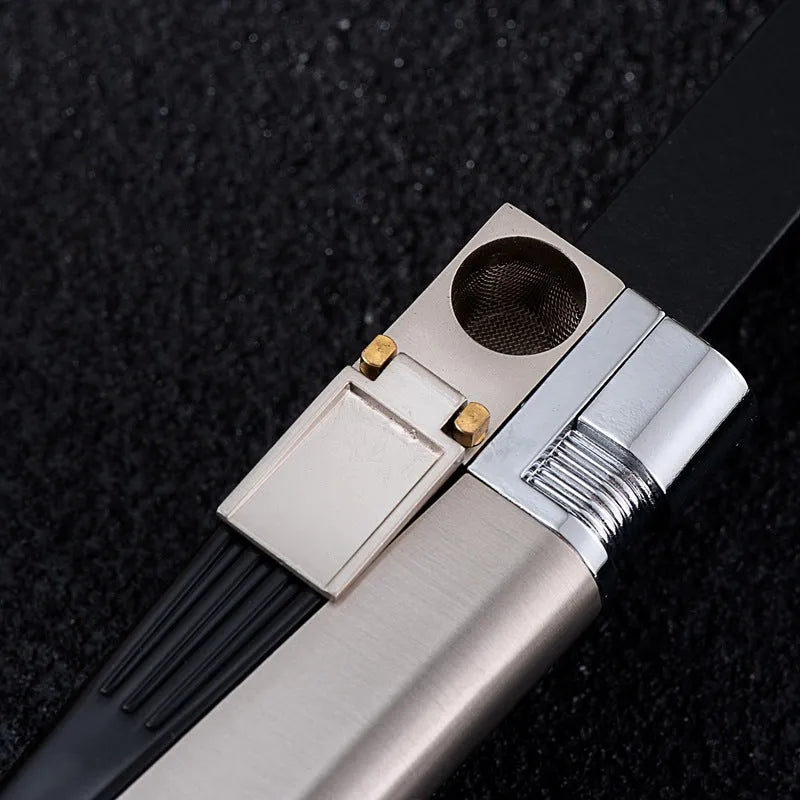 Metal pipe lighter with folding flap covering lighter mechanism and stash compartment