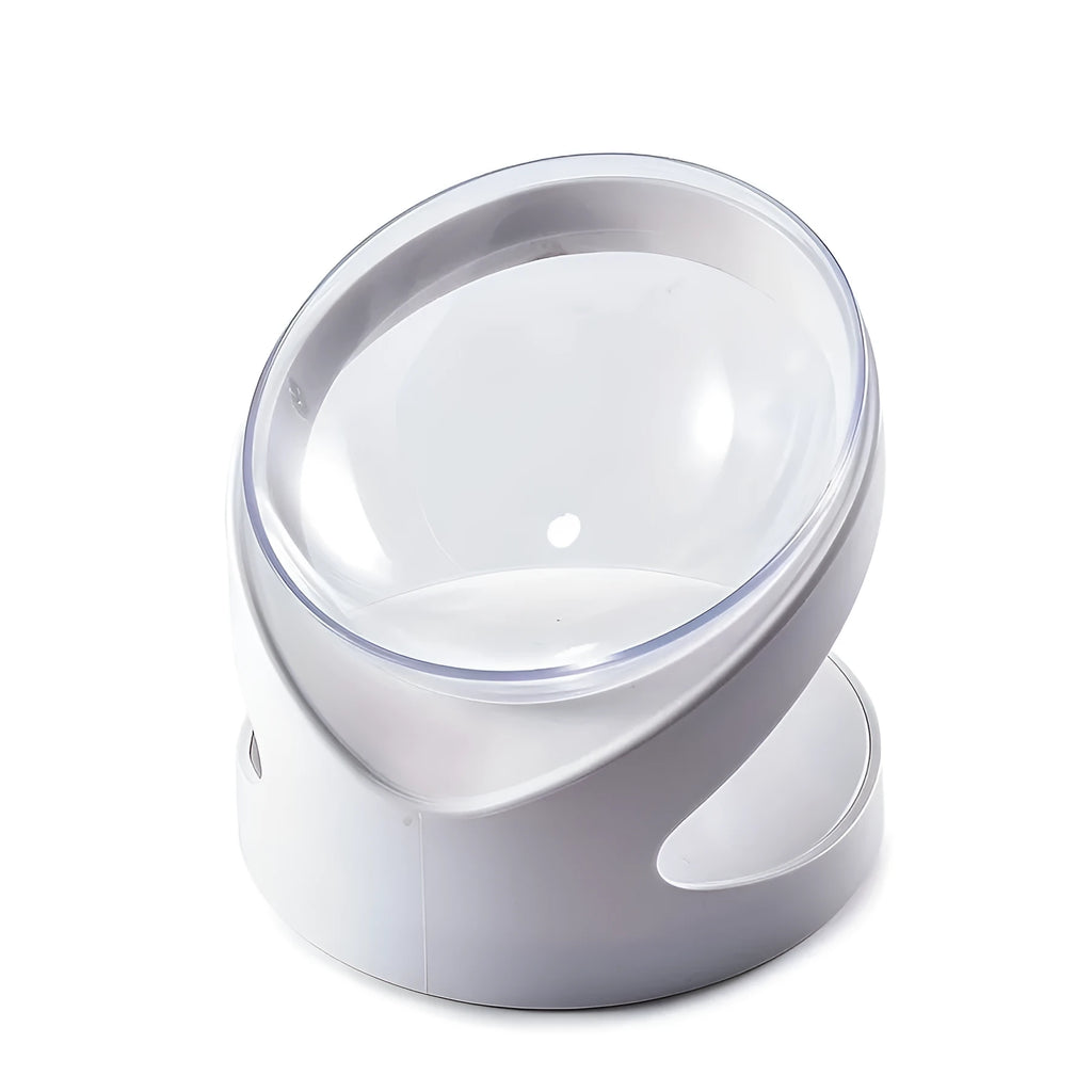 White elevated tilted plastic cat food bowl for ergonomic feeding.