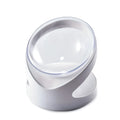 White elevated tilted plastic cat food bowl for ergonomic feeding.