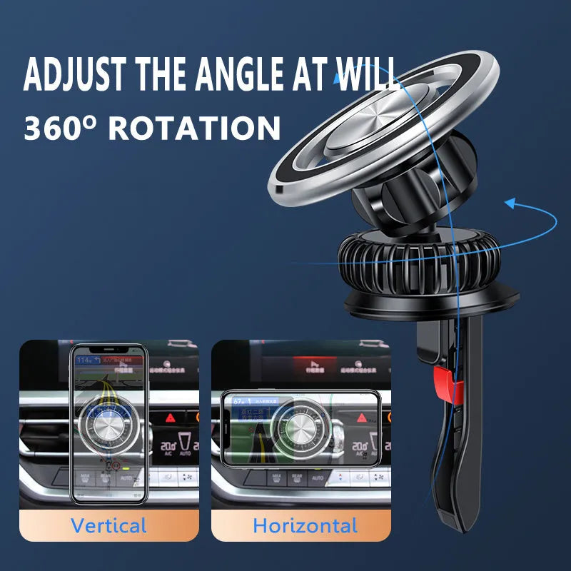 Black car air vent magnetic phone holder with adjustable clip and magnetic attachment