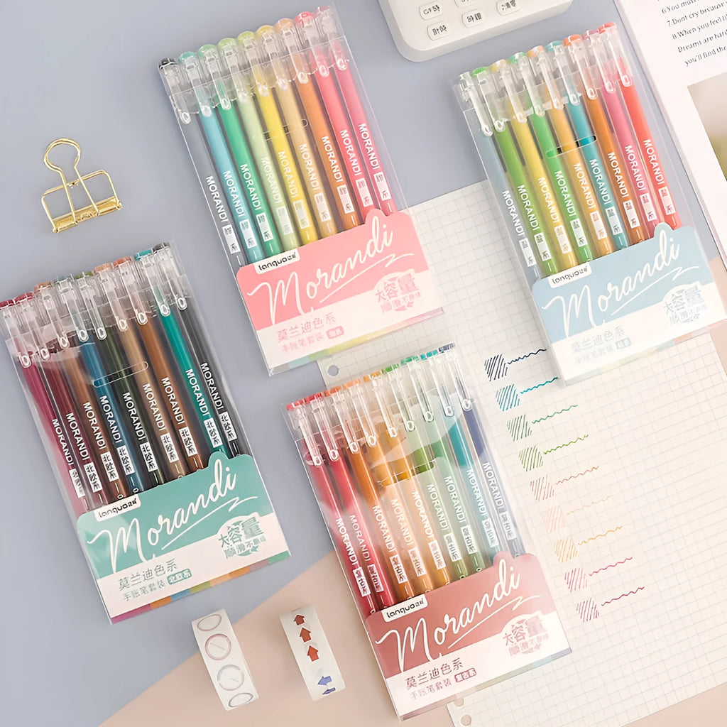 Retro gel pen set with nine 0.5mm needle tip pens in Japanese-inspired colours