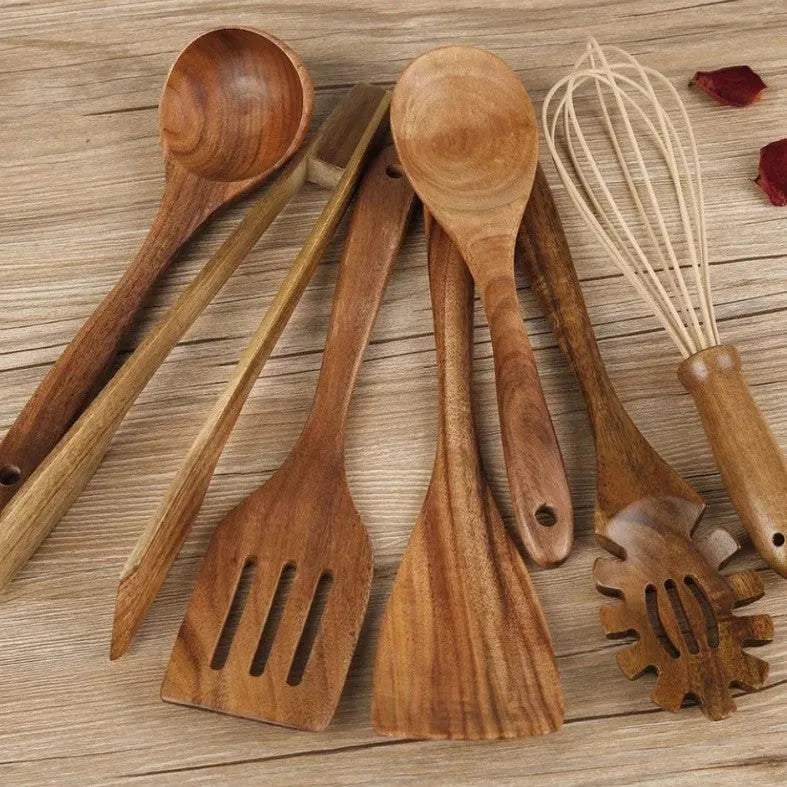 Seven-piece wooden cooking utensil set with natural finish for non-stick pans