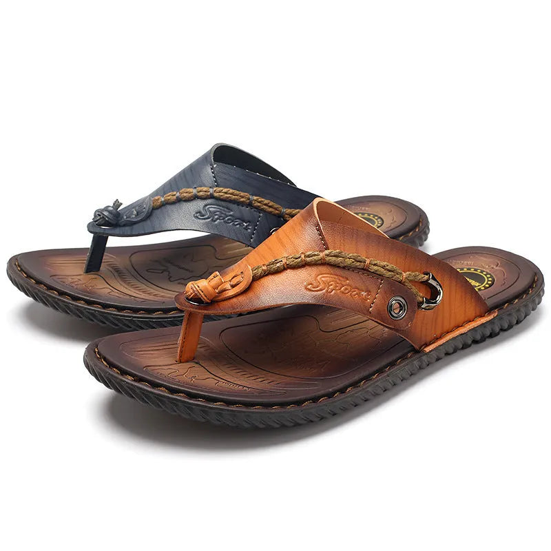 Men's plus size outdoor slippers with herringbone pattern in dark blue and khaki colours