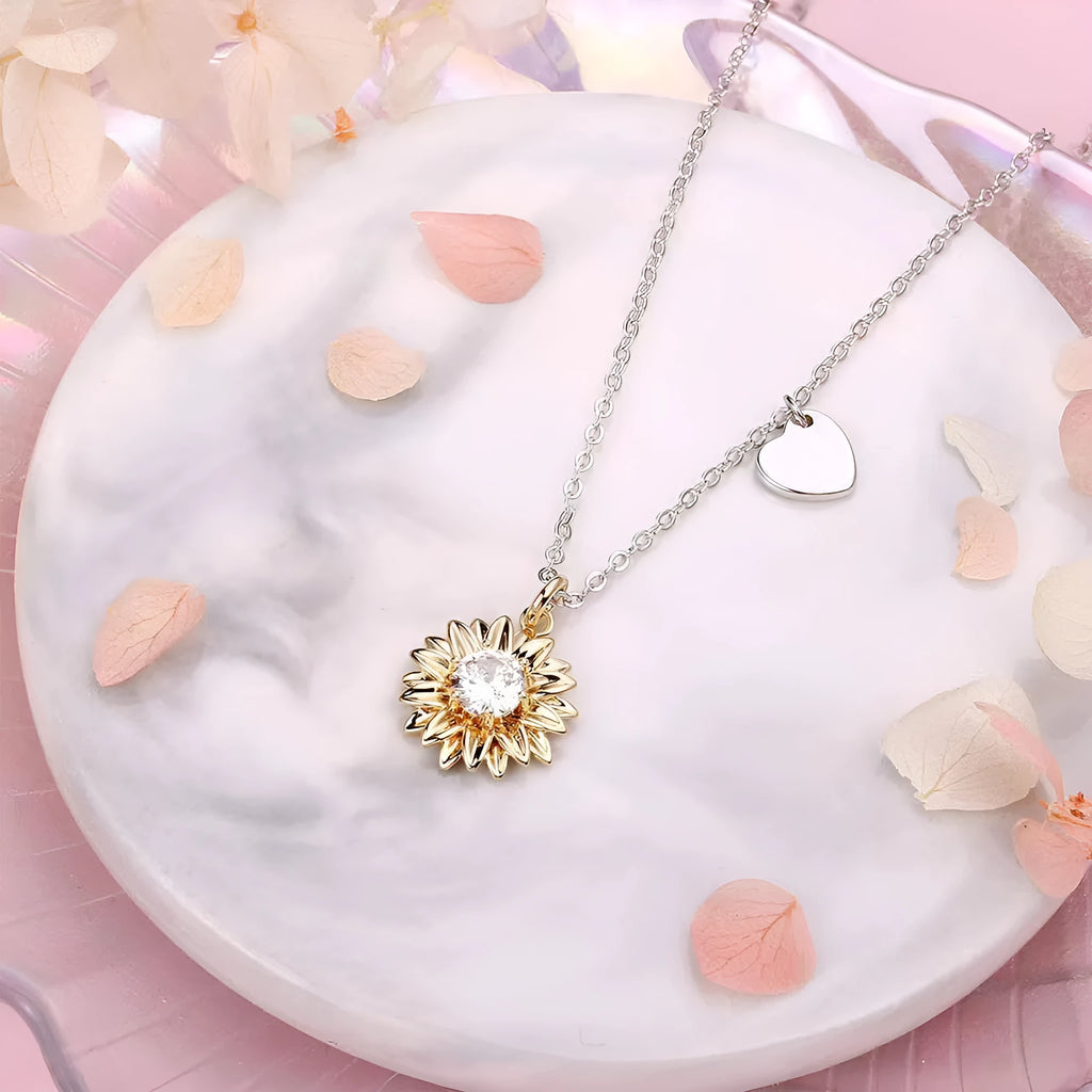 925 silver sunflower necklace with geometric daisy pendant on adjustable cross chain, length 21-50cm