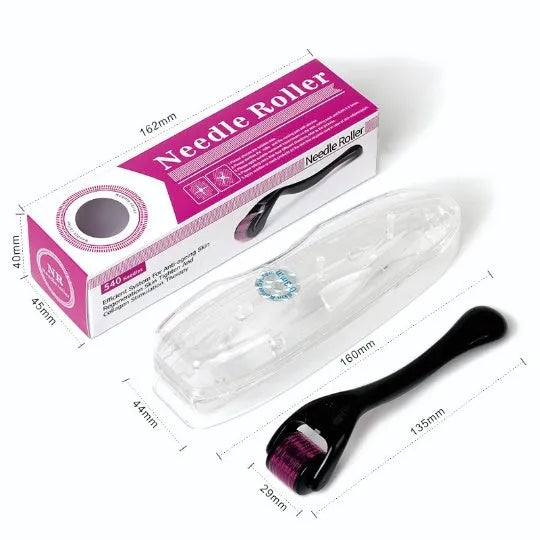 Black and purple derma rollers with titanium microneedles, showing size options from 0.2mm to 1.0mm