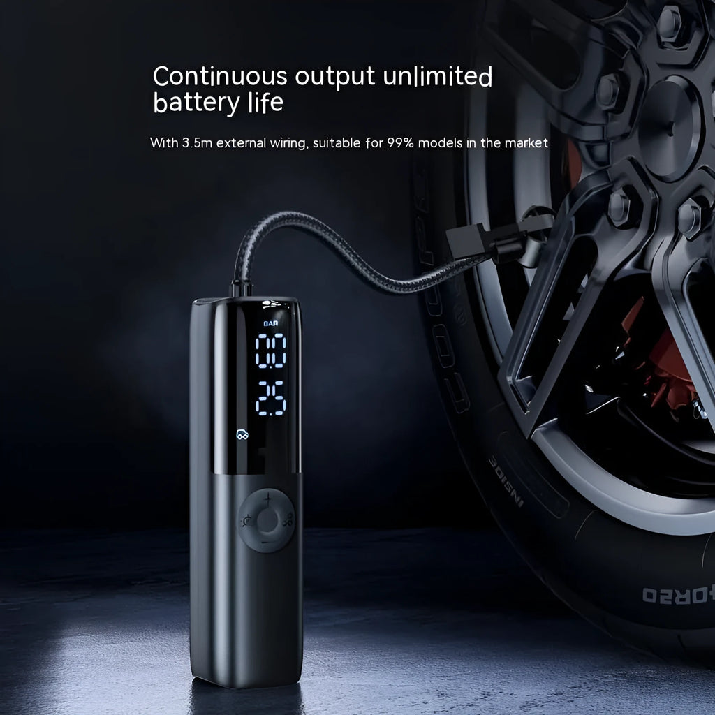 Black portable electric car air pump with ABS construction and tyre pressure gauge