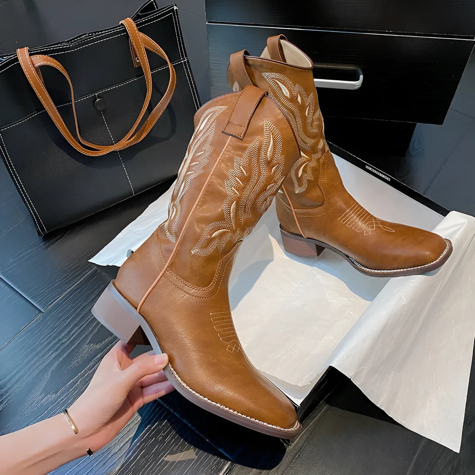 Brown embroidered women's mid-calf Martin boots with a waterproof platform and leather lining.