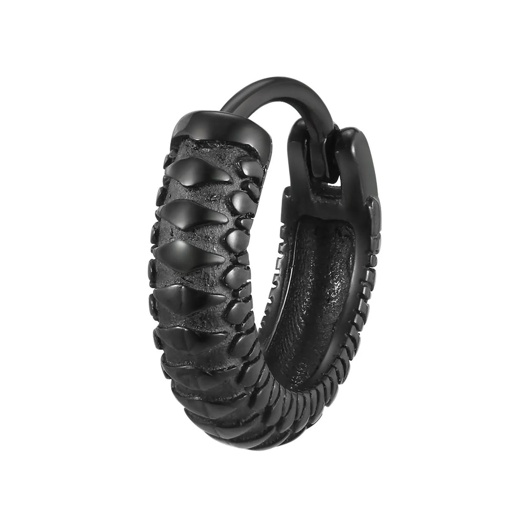 Close-up of a black stainless steel earring with a detailed snake pattern and hook fastening.