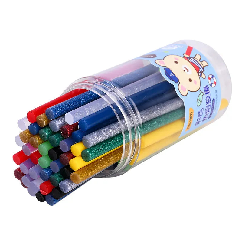 Pack of 55 transparent EVA hot glue sticks measuring 7mm by 100mm.