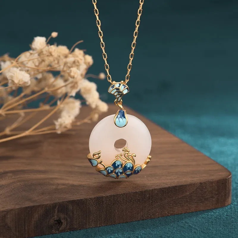 Gold-plated Hetian jade peace buckle necklace on woman, O-ring chain, 41-50cm adjustable, mixed gem inlay, retro style