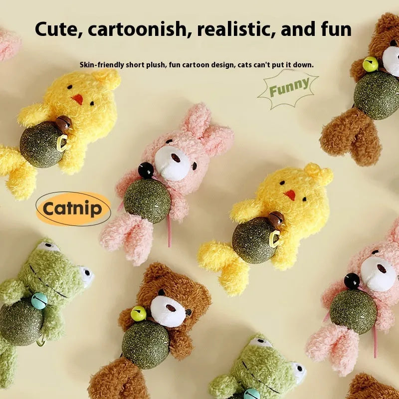 Plush catnip ball toy with bell in brown bear design, showing 15cm height with attached catnip ball