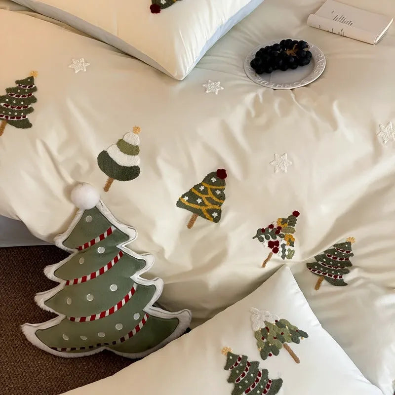 Pure cotton bedding set with Christmas tree embroidery showing duvet cover, sheet and pillowcases