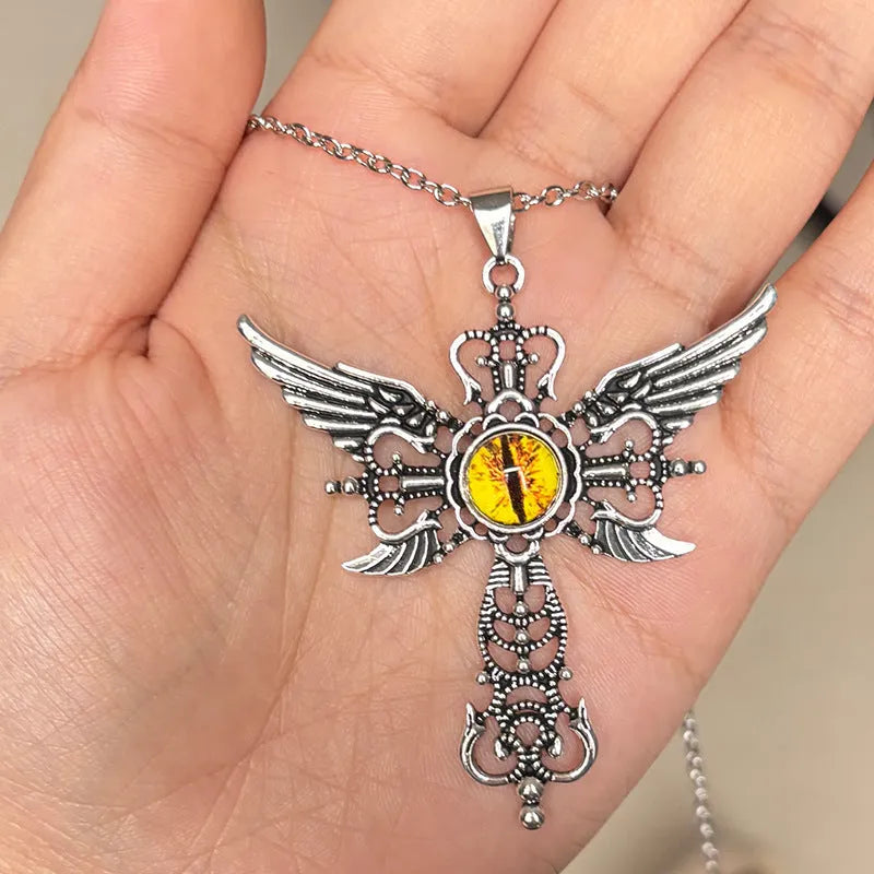 Devil wings cross pendant necklace in alloy with geometric shape, showing colour options