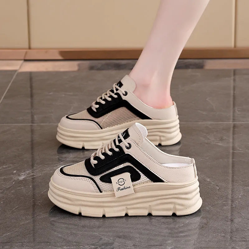 Women's mesh half slippers with height-increasing insole in black, khaki and white colours