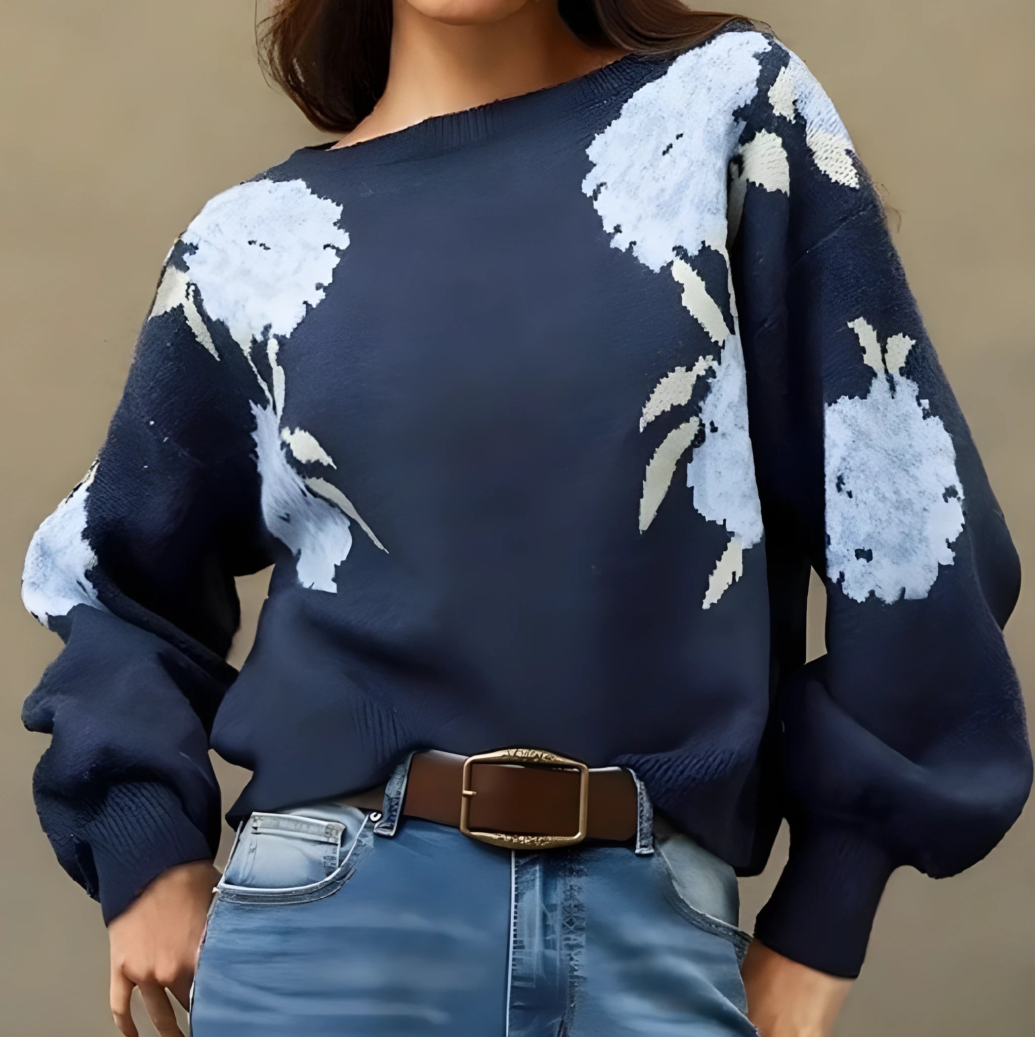 Sapphire blue women's pullover top with flower jacquard pattern and off neck design